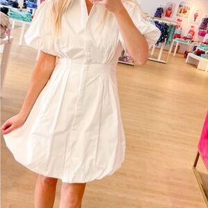 Short White Puff-Sleeve Mini Dress with Fitted Waist